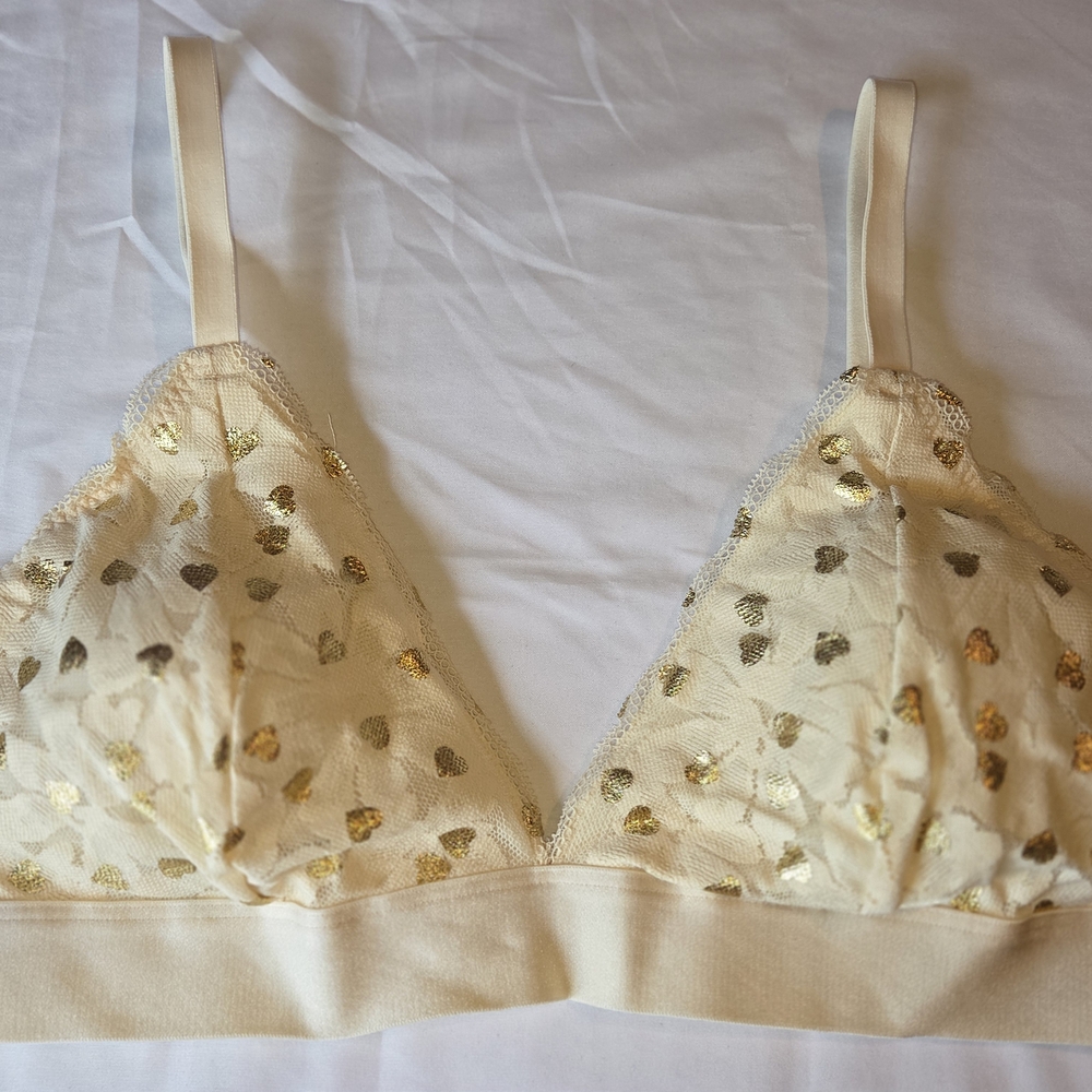 Victoria's Secret PINK Lace Bra Bralette Sz XL Ivory & Gold Triangle NWOT